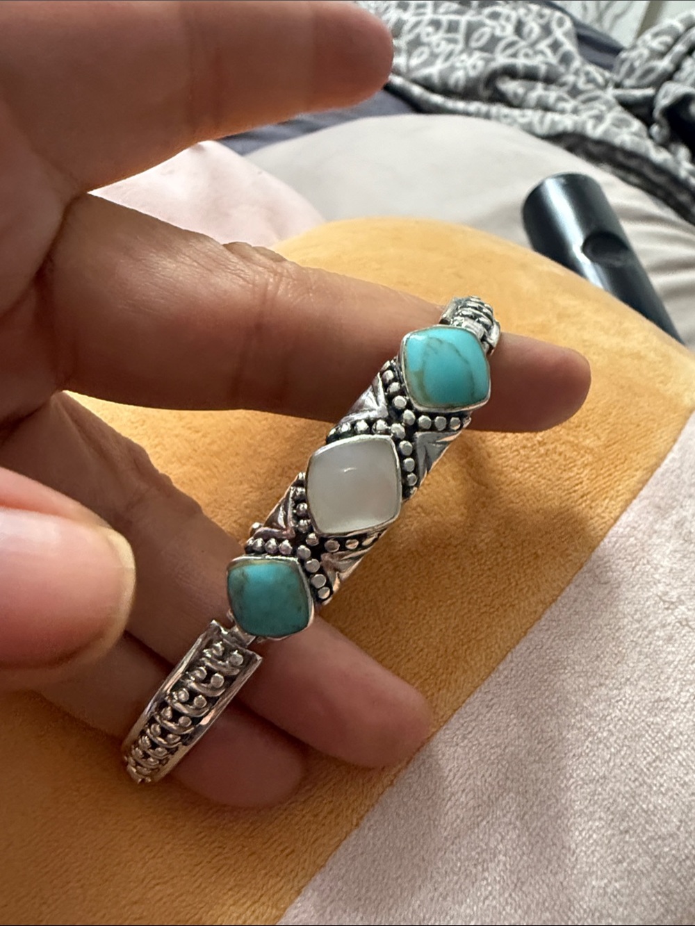 Sterling-Style Silver Cuff Bracelet with Turquoise and White Stones